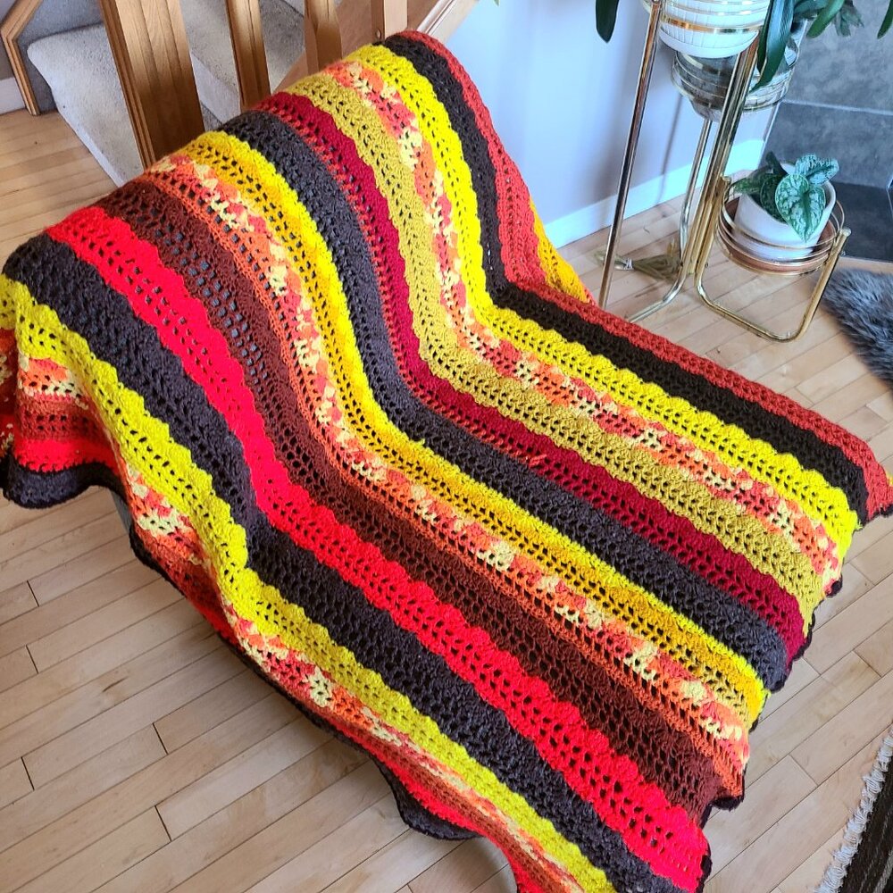 Bright colors handmade bohemian crochet throw blanket Afghan.